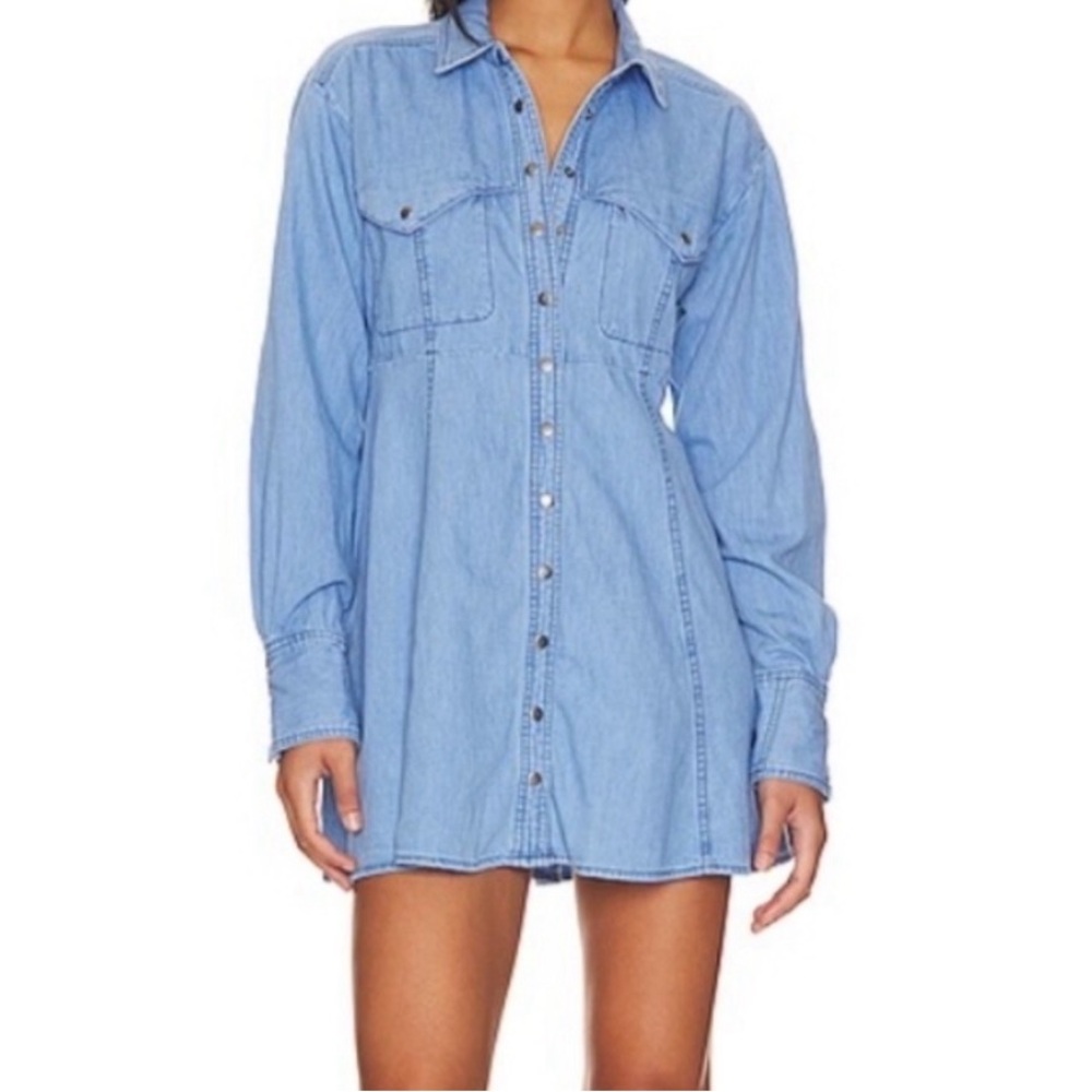 Free People “ We The Free” Light Blue Denim Button snap -Front Mini Dress